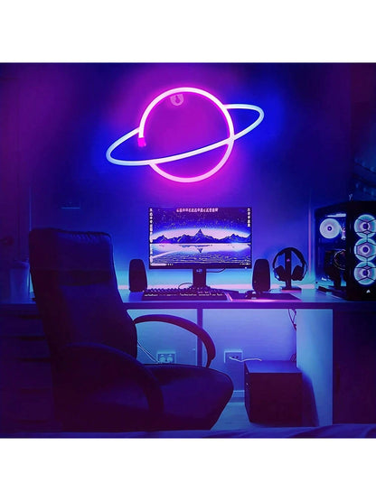 1Pc Planet Neon Light, LED Neon Wall Sign, Battery & USB Powered Illuminated Wall Decor for Bedroom, Party, Wedding, Boys' and Girls' Room, Bar Decoration
